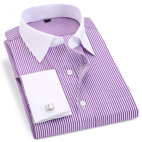 Chemises décontractées pour hommes Gentle Formal Mens French Cuff Dress Shirt Men Long Sleeve Solid Striped Style Chemises pour hommes Bouton de manchette Inclure Plus Sizet 6XL 230322