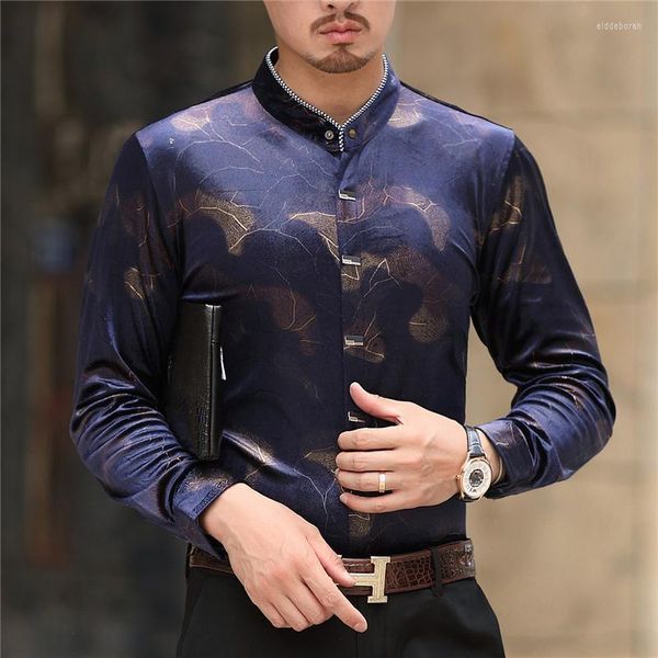 Hommes chemises décontractées Gentleman col Mandarin velours hommes velours chinois Stand flanelle surdimensionné vêtements pour 4XL TopMen's Eldd22