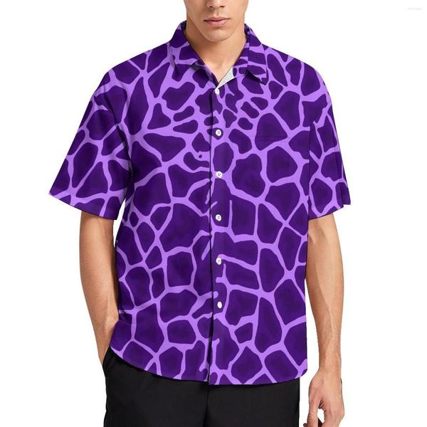 Camisas casuales para hombres blusas de estampado de jirafa Men Purple Animal Summer Mangas cortas Camisa de vacaciones de gran tamaño Vintage