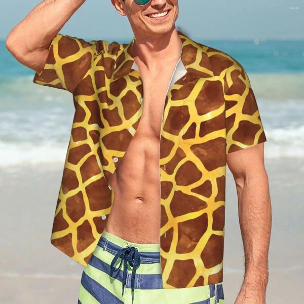Camisas casuales para hombres camisa estampada de jirafa oro y marrón clásico clásico hombre hawaiano estilo de vacaciones de manga corta blusas de gran tamaño