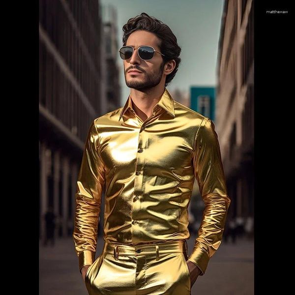 Camisas casuales para hombres Ropa de diseñador de oro brillante Hombres Shiny Nightclub Metallic Disco Party Disfraz de Halloween para hombre Blusas