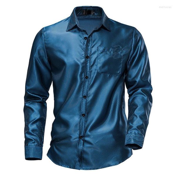 Chemises décontractées pour hommes Glances de poche brillante ornée de manches longues embellies noir Black Red Blue Coffee Streetwear S-2xl Mariage de mariage Tuxedo Prom