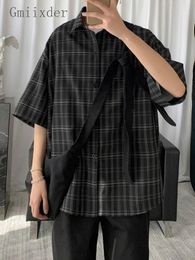 Casual shirts voor heren gmiixder zomer korte mouwen geruite shirt mannelijke student Koreaanse oversized button-up trendy knappe safari eenvoudige topmen's