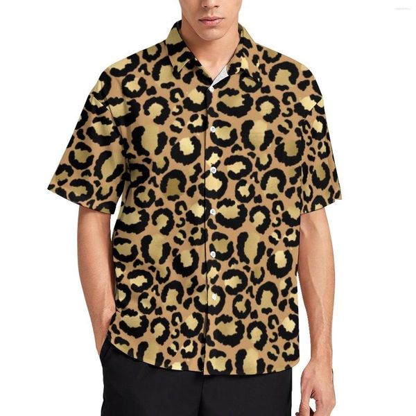 Chemises décontractées pour hommes or et noir léopard chemise ample hommes plage imprimé Animal été graphique à manches courtes mode Blouses surdimensionnées