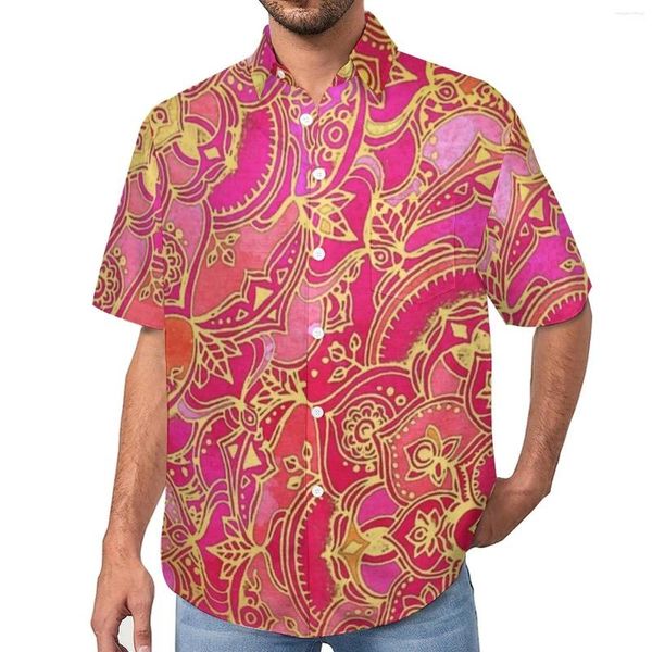 Camisas informales para hombre, camisa de playa con estampado artístico de Mandala Floral barroco dorado, ropa de calle hawaiana, blusas con estampado para hombre de talla grande