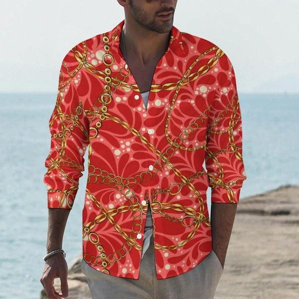 Chemises décontractées pour hommes Chemise d'impression de chaîne d'or Mens Red Floral Spring Y2K Blouses personnalisées à manches longues Mode Oversize Top Cadeau d'anniversaire