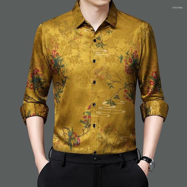 Chemises décontractées pour hommes Fleurs d'or Soie Stretch Vêtements pour hommes à la mode Lisse Élastique Satin Blouse Grande Taille Fantaisie Doux Mari Porter