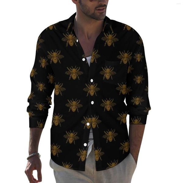 Chemises décontractées pour hommes or métallique abeilles hommes Animal abeille impression chemise à manches longues Cool Harajuku Blouses automne motif haut grande taille