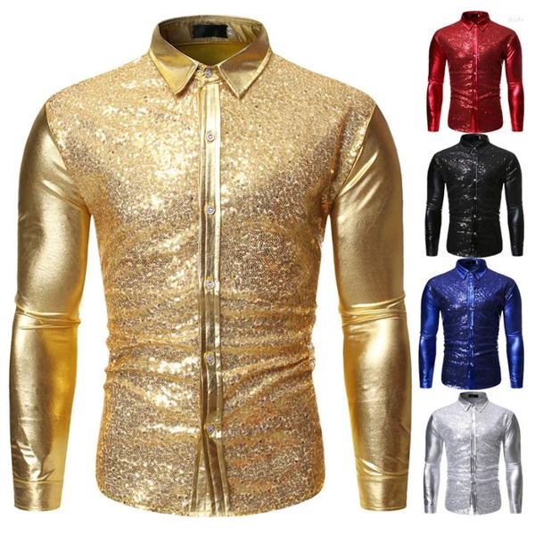 Chemises décontractées pour hommes paillettes métalliques or robe paillette hommes 2024 costume de fête Performance de scène brillante club de nuit