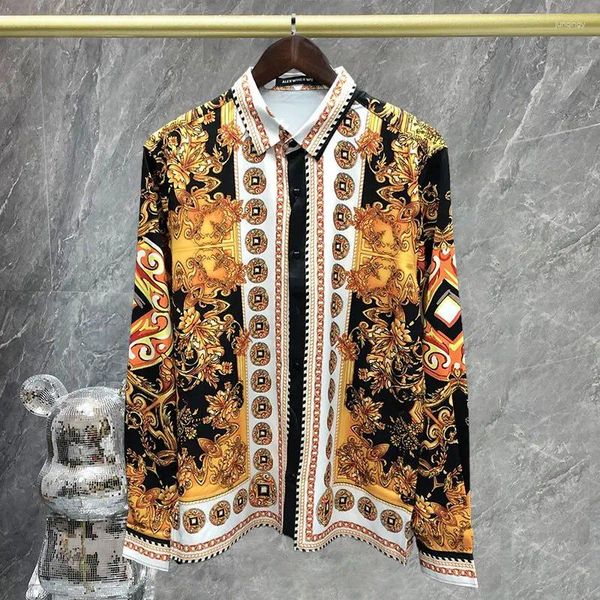 Chemises décontractées pour hommes Gold Vintage Baroque Imprime à manches longues Tops robe Vêtements Hawaiian Slim Mode Holiday Chemise Homme