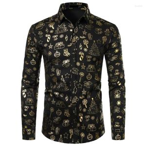 Casual overhemden voor heren Goud Kerstcadeau Print Party Shirt Heren Merk Lange mouw Button Down Heren Kerst Top Blouses Chemise Homme Zwart