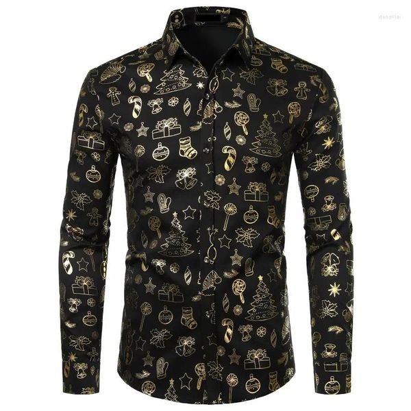 Chemises décontractées pour hommes Gold Xmas Gift Print Party Chemise Hommes Marque À Manches Longues Bouton Down Mens Christmas Top Blouses Chemise Homme Noir