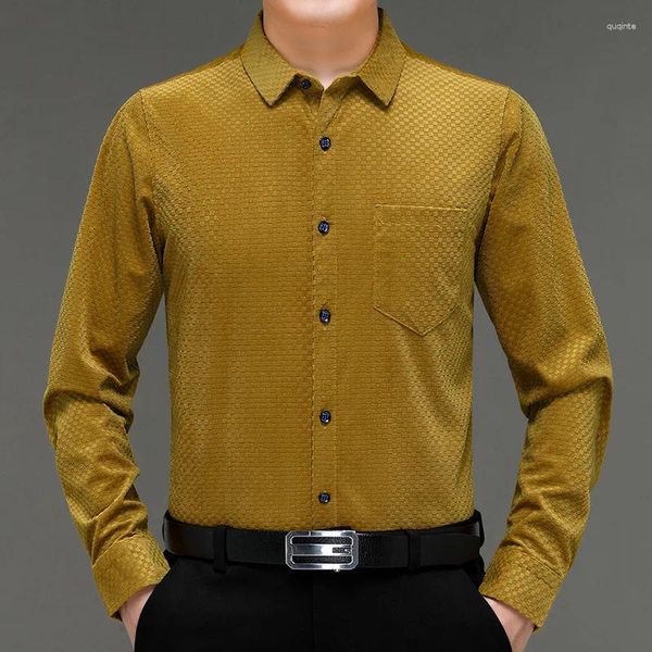 Camisas casuales para hombres Terciopelo amarillo dorado Cálido para hombre Blusa de terciopelo a cuadros verde Tamaño grande Caballeros Marido Ropa roja