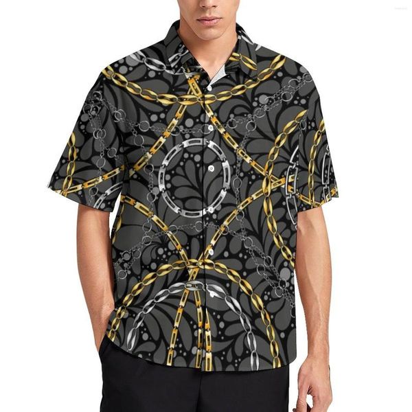 Camisas casuales para hombres Camisa con cadenas doradas y plateadas Estampado circular Vacaciones Sueltas Hawaii Blusas frescas Diseño de manga corta Ropa de gran tamaño