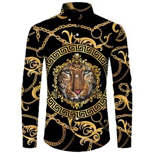 Chemises décontractées pour hommes Modèle de lion d'or impression 3D hommes chemises à manches longues col rabattu bouton hauts mode style baroque vêtements de rue pour hommes J230417