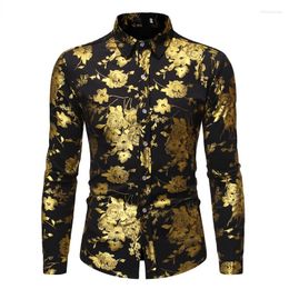 Chemises décontractées pour hommes Golden Rose Design de luxe Robe Automne Slim Fit Boutonné Fleuri Imprimé Élégant Party Club Chemise