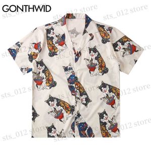 Casual shirts voor heren Gonthwid Hawaiiaanse strandoverhemden Harajuku Japanse Tattoo Cat Print Shirt Streetwear Fashion Hip Hop Tropical Short Sleeve Tops T230512