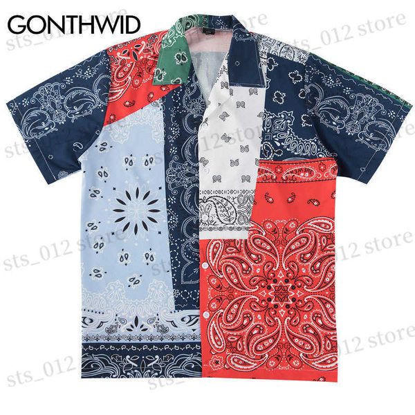 Chemises décontractées pour hommes GONTHWID Hip Hop fleurs de cajou imprimer bloc de couleur patchwork plage ha chemises hawaïennes Streetwear été chemise à manches courtes T230512