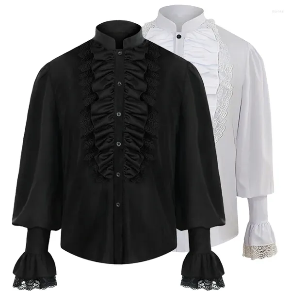 Camisas casuales para hombres Cuello alto con volantes góticos Manga larga Pirata Cosplay Camisa Puños plisados de encaje Negro Blanco Top Ropa de rendimiento de escenario