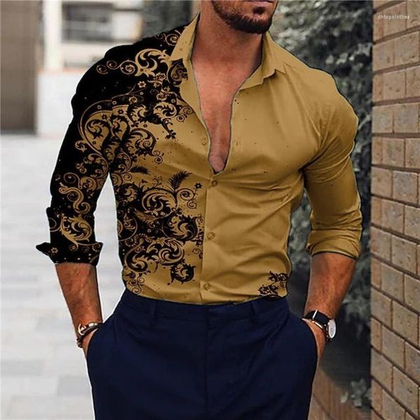 Camisas informales para hombre, camisa de manga larga con estampado 3D degradado, ropa de hombre, estética asimétrica y contrastante, cuello vuelto, ropa elegante