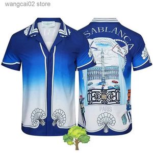 Mannen Casual Shirts Gradiënt Blauw Harajuku Casa Zomer Pak Stijl Shirts Hoge Kwaliteit Ademend Mode Pocket Heren Shirts T240402