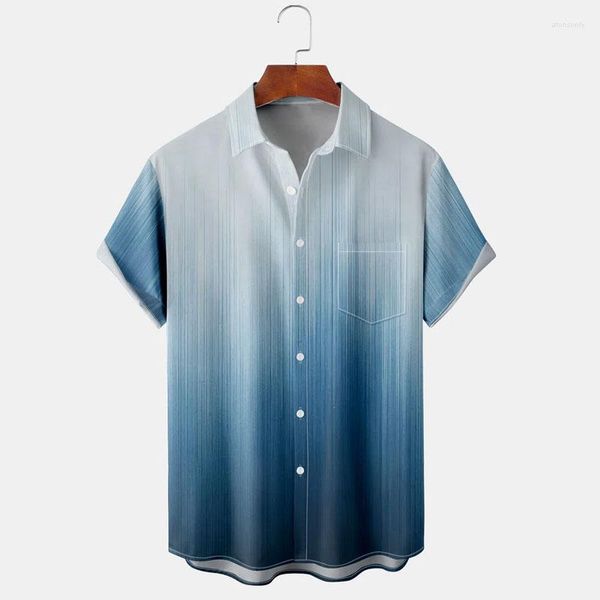 Chemises décontractées pour hommes Lin imprimé dégradé pour hommes Chemise hawaïenne boutonnée à manches courtes avec poche poitrine