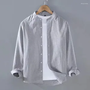 Chemises décontractées pour hommes Chemise à manches longues en lin gris Col montant Henley Doux et confortable Été Colo solide