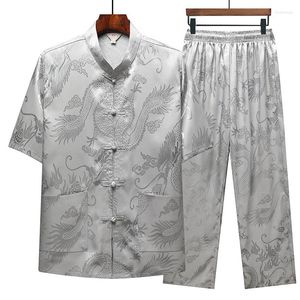 Chemises décontractées pour hommes gris Style chinois traditionnel Costume Tang motif imprimé boutons faits à la main Blouse hommes t hauts vestes pantalons