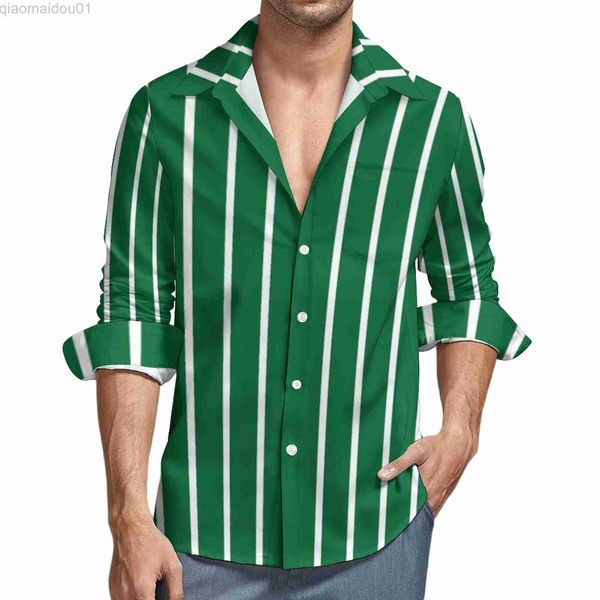 Camisas casuales para hombres Camisa a rayas verdes y blancas Hombres Líneas verticales Imprimir Camisas casuales Blusas con estilo de primavera Ropa de gran tamaño vintage de manga larga L230721