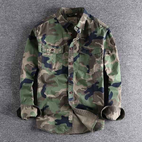 Camisas casuales para hombres Camisa de camuflaje verde Hombres Carga de alta calidad Durable Senderismo al aire libre Deporte Diario Estilo militar Bolsillo Camicia