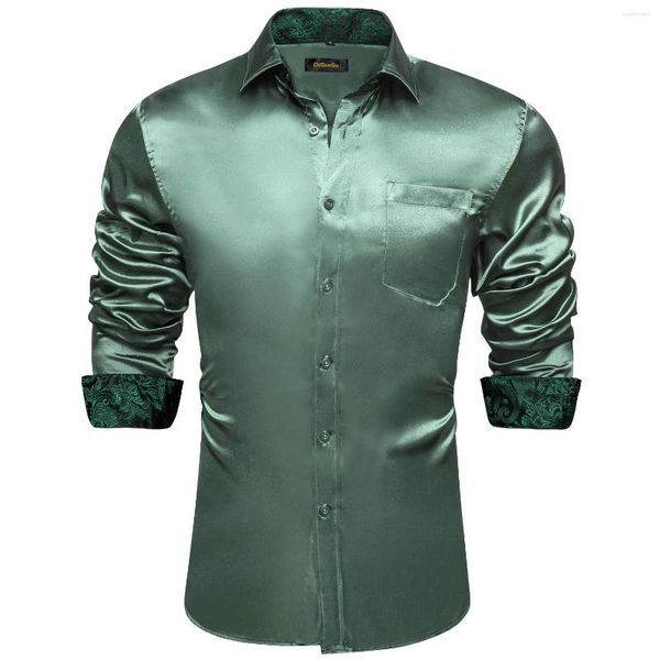 Camisas casuales para hombres Camisa de esmoquin de satén elástico Paisley verde Colores contrastantes Manga larga para hombres Ropa de diseñador Gota