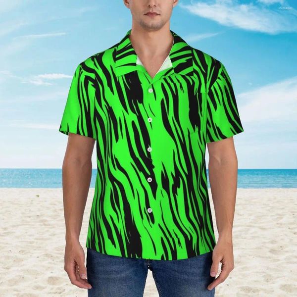 Camisas casuales para hombres Camisa de playa con estampado de tigre verde Hombres Retro Animal Verano Patrón de manga corta Blusas sueltas de gran tamaño Idea de regalo