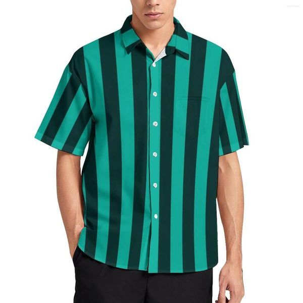 Chemises décontractées pour hommes Chemisiers à rayures verticales vertes Homme Lignes noires Hawaii Motif à manches courtes Cool Chemise de vacances surdimensionnée Idée cadeau