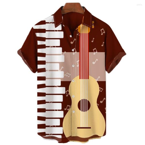 Chemises décontractées pour hommes Guitare Harajuku Imprimer Chemise Hommes Mode Revers À Manches Courtes Blouse Été Loisirs Streetwear Drôle Musique Prévalente