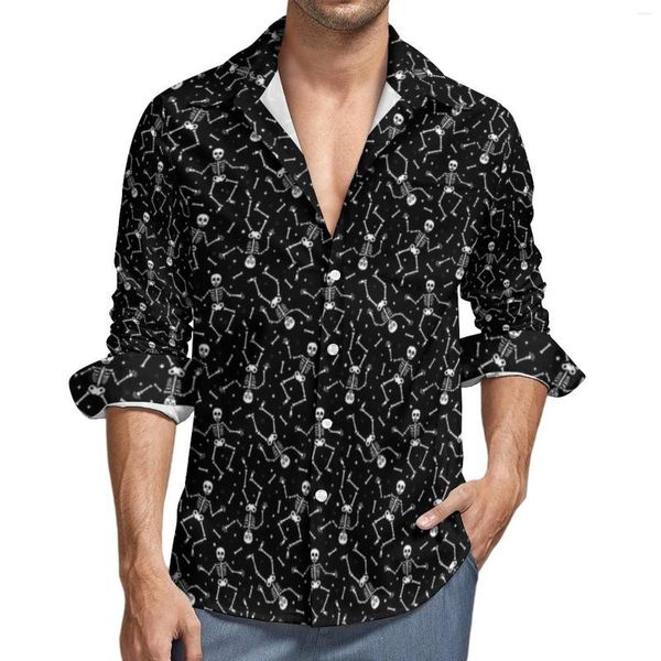 Chemises décontractées pour hommes Halloween Squelette Chemise Homme Drôle Os Imprimer Printemps Motif Esthétique Blouses À Manches Longues Lâche Surdimensionné Vêtements