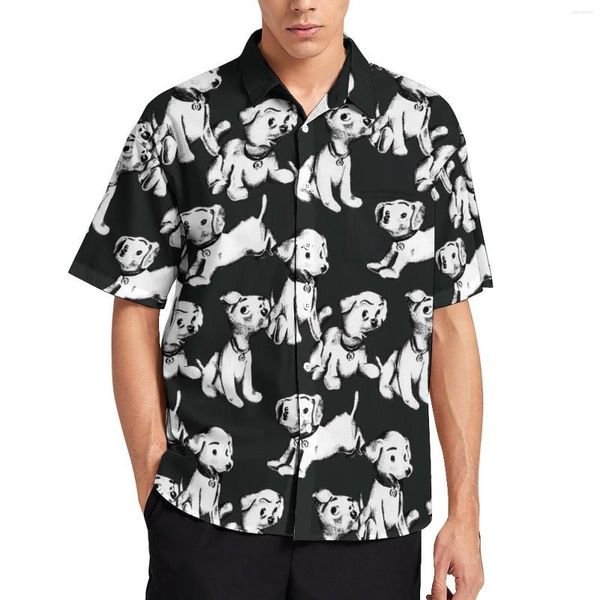 Camisas informales para hombre, camisa holgada de perro feliz, vacaciones para hombre, divertidos perros blancos, blusas de gran tamaño Vintage con estampado hawaiano de manga corta