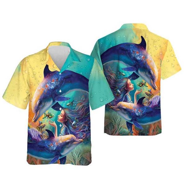 Chemises décontractées pour hommes HARAJUKU FASHIQUE DOLPHIN GRAPHIQUES CHIMTES POUR HOMMES COST CASBOS Hawaiian Beach Shirt Aloha Cartoon Ocean Animal Blouses Top 240424
