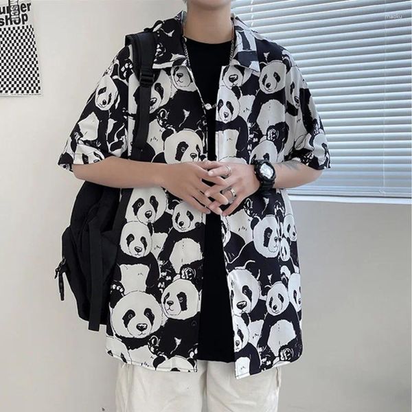 Camisas casuales para hombres Harajuku Hombres jóvenes Ropa de moda de la calle Panda de dibujos animados Impresión completa Streetwear Single Breasted Unisex Blusas