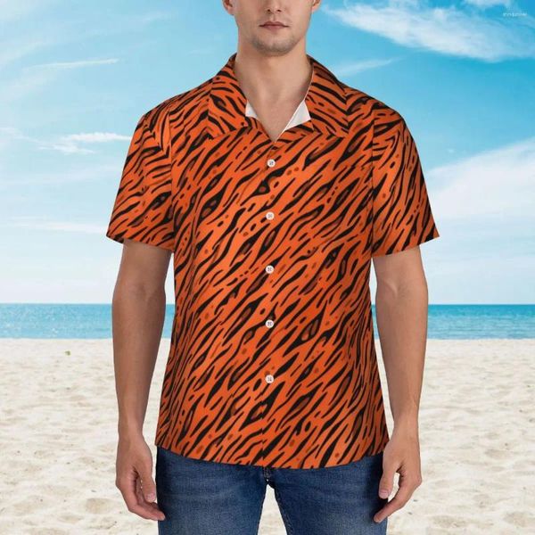 Camisas casuales para hombres Camisa de Hawaii Beach Beach Animal Impresión Blusas Naranja Tigre Strip Vintage Masculino de altura corta Moda coreana de moda coreana