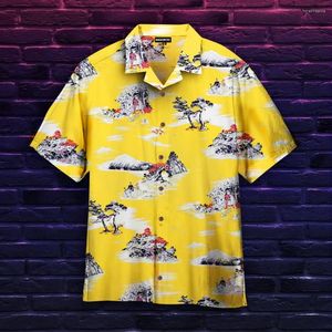 Camisas casuales para hombres Hawaii amarillo creativo paisaje chino pintura manga corta Aloha estilo cubano verano más tamaño