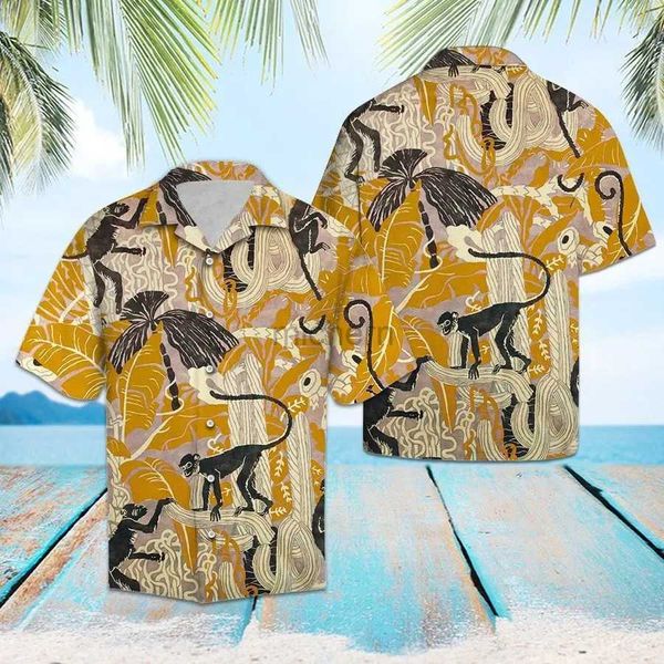 X576 Camisas casuales para hombres Hawaiian 3D Fantasy Monkey Pintura de manga corta Cuba Beachwear Y2K Ropa amarilla 240417