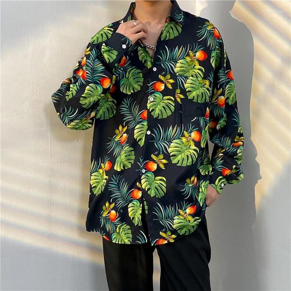 Camisas casuales para hombres Playa hawaiana Estampado de árboles de coco Ropa de manga larga Moda Botón de solapa Blusa superior Ropa de vacaciones de verano