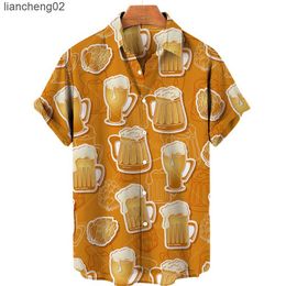 Casual shirts van heren Hawaiiaans casual shirt voor mannen unisex mode bier print wijn glas wijn vat feest hallo pi top heren shirt oversized kleding w0328