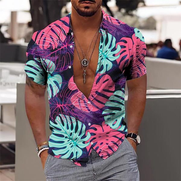 Camisas casuales para hombres Hojas florales hawaianas Patrón de flores elegante Sociedad de alta calidad Vacaciones sociales Moda Ropa de lujo