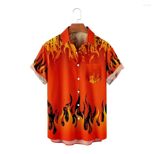 Chemises décontractées pour hommes Hawaïen pour hommes Orange Imprimer Motif de feu à manches courtes Summer Beach Chemise de vacances