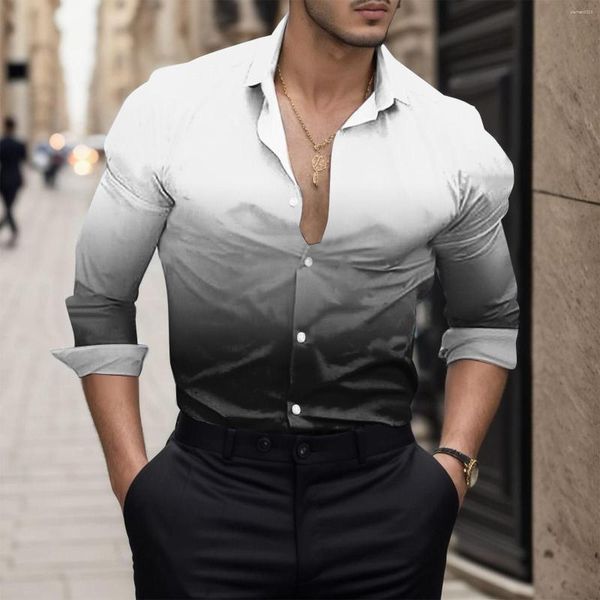 Chemises décontractées pour hommes Hawaiian Gradient Color Shirt 3d Imprimé Noir Blanc Style Chemisier À Manches Longues Business Dress Tops Tee Homme Outdoor
