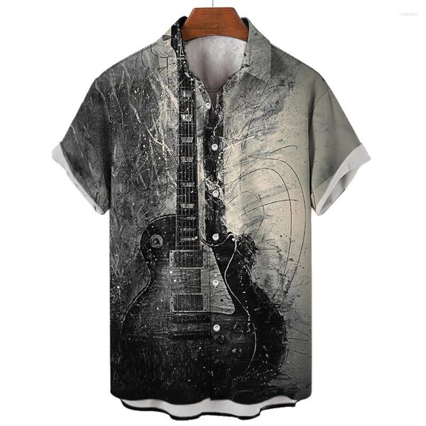 Chemises décontractées pour hommes Hawaiian Guitar Instrument Print Blouse Toile Motif à manches courtes Top Summer Fashion Tees Haute Qualité Streetwear