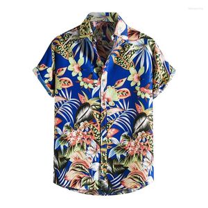 Chemises décontractées pour hommes cols de revers hawaïens bouton à manches courtes 3D PLANTES TROPICALES PLANTES BLOUE