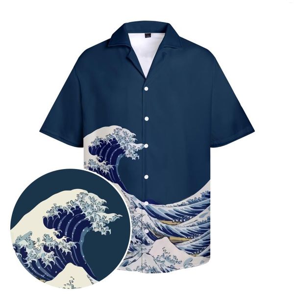 Chemises décontractées pour hommes hawaïens hommes célèbres vagues japonaises peinture hauts grande taille bar fête porter été plage shorts manches
