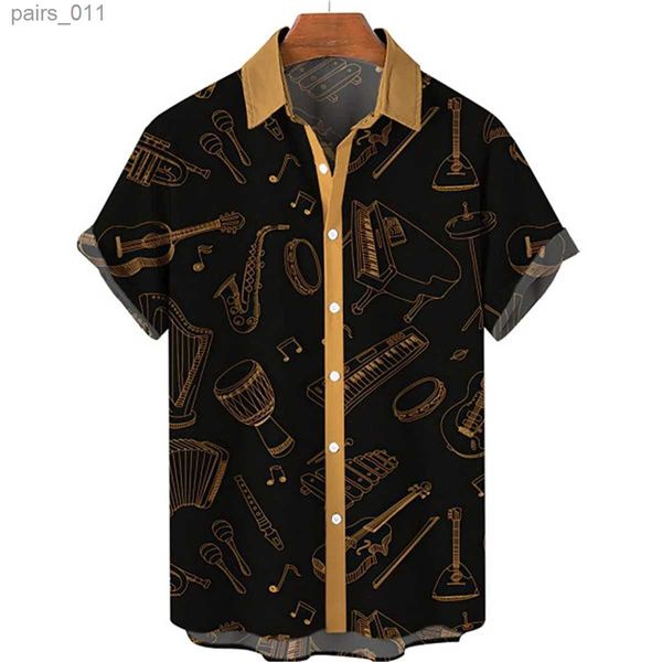 Camisas casuales para hombres para hombre hawaiano camisa de manga corta instrumentos musicales de oro oscuro para hombres estampado solapa casual top de gran tamaño camisa de hombre 240402